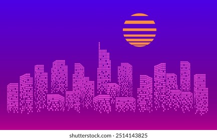 Purple retro sunset art with many abstract skyscraper