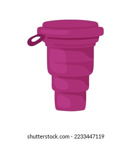 Purple reusable cup for water vector illustration. Pink eco-friendly container with drink for lunch at school or office isolated on white background. Lunch break, beverage, accessories concept