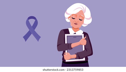 
Purple Ribbon for Alzheimer Disease Vector Senior Woman Nostalgic Character. World Alzheimer's day banner with ribbon and senior lady remembering old days
