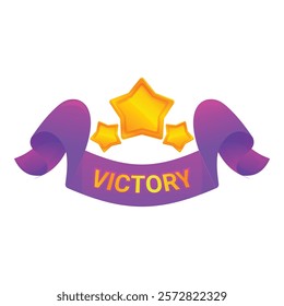 Purple ribbon is announcing victory with three golden stars above