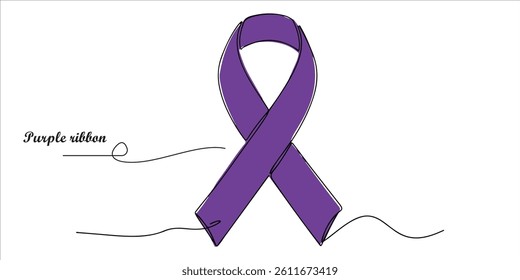 Purple ribbon awareness continuous single line art drawing sketch on white background	