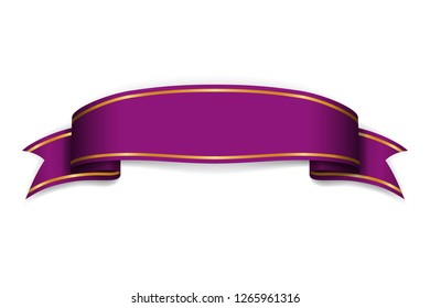 Purple ribbon banner. Satin glossy bow blank. Design label scroll ribbon blank element isolated on white background. Empty curl banner retro template greeting, decoration Vector illustration