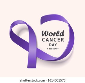 Purple ribbon banner for world cancer day in February - curled satin loop symbol for awareness charity campaign for medical illness - vector illustration