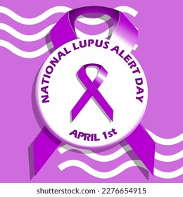Cinta púrpura con texto en negrita en un clavija circular sobre fondo morado para conmemorar el Día Nacional de Alerta Lupus el 1 de abril