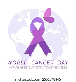 Purple ribbon and butterfly on world map for world cancer day. Awareness, support, togetherness, help, healthcare concept. Vector illustration, banner, card, social media post, background, template.