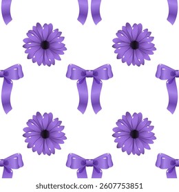 Purple Ribbon and Flower on White Seamless Pattern