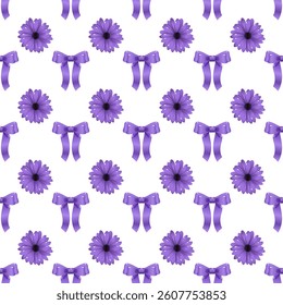Purple Ribbon and Flower on White Seamless Pattern