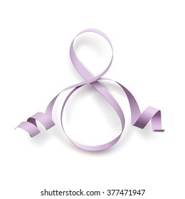 Purple ribbon in form of number 8 isolated on white background. Template for March 8 greeting card or background. Vector illustration.