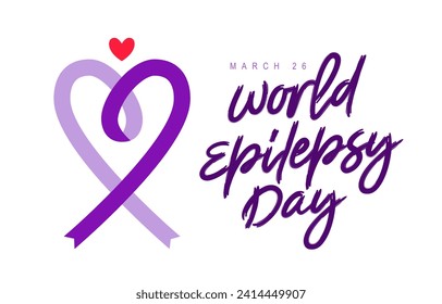 Purple ribbon in the form of a sweet heart. A postcard for World Epilepsy Day, March 26. Brain disease. Vector illustration on a white background.
