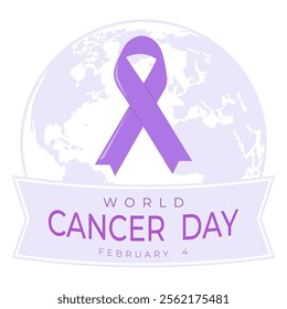 Purple ribbon, globe map for world cancer day. Awareness, support, attention, charity, medical care, help concept. Vector illustraton, isolated on white.