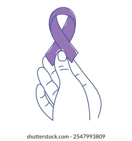 Purple ribbon in a hand. Line art