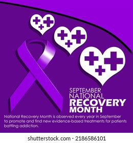 purple ribbon and heart icon with bold text and sentences on purple background, 
National Recovery Month on September
