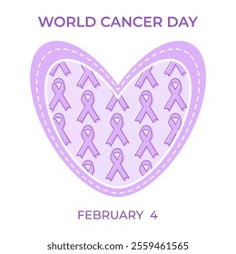 Purple ribbon and heart for world cancer day. Vector illustration, background, wallpaper, paper, banner. Isolated on white.