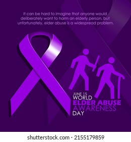 Purple ribbon with icon of person carrying wood chasing old man holding walking stick with bold texts and sentences on purple background, World Elder Abuse Awareness Day June 15 svg