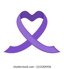 Purple ribbon icon in shape of heart in flat style isolated on white background.