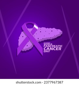 Purple ribbon and illustration of a pancreas affected by cancer, with bold text on a dark purple background to commemorate World Pancreatic Cancer Day on November