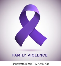 Purple ribbon loop isolated on gradient background. Vector illustration. Symbol of campaign against family violence. Realistic color stripe emblem. Digital symbolic icon for print and web materials.