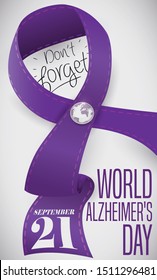 Purple ribbon with needlework in the borders, button with globe and reminder date for you don't forget to commemorate World Alzheimer's Day this 21st September.