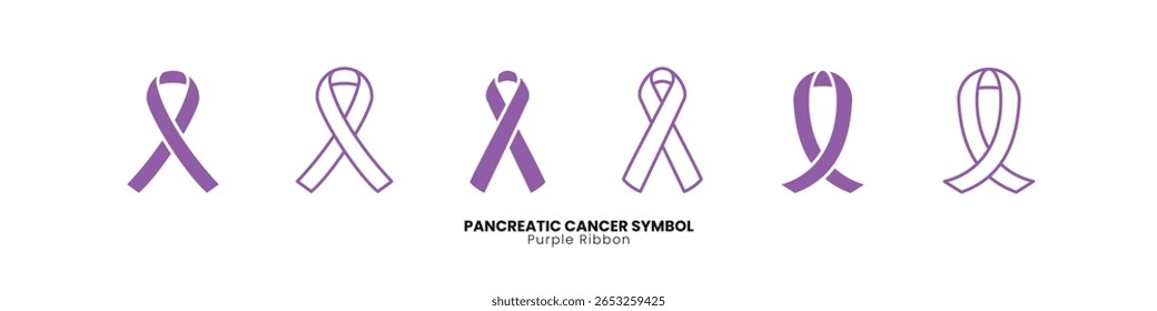 Purple ribbon pancreatic cancer awareness symbol vector set. Medical illustration for health campaigns and support