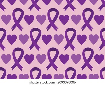 Purple ribbon seamless pattern background with hearts - emblem symbol for Dementia awareness month, Alzheimers disease. World Alzheimer Day medical healthcare concept backdrop