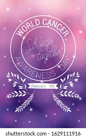 Purple ribbon and stranger together text design, World cancer day february four awareness campaign disease prevention and foundation theme Vector illustration