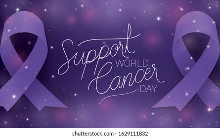 Purple ribbon and support text design, World cancer day february four awareness campaign disease prevention and foundation theme Vector illustration