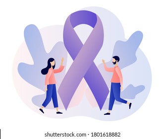 Purple ribbon as symbol domestic violence. Tiny people and stop violence sign. International day for the elimination of violence against women. Modern flat cartoon style. Vector illustration 