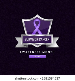 A purple ribbon, the symbol of International survivor Cancer Awareness Month, displayed on a silver shield with a floral background