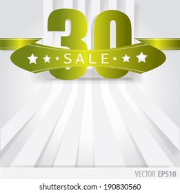 Purple Ribbon with text sale 30 percent and stripes as a background