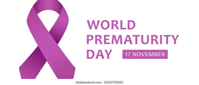 Purple ribbon and text World Prematurity Day, 17 november on white background. Vector web banner design for World Prematurity Day.