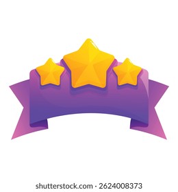 Purple ribbon with three yellow stars getting five stars rating sign for best quality service