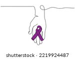 purple Ribbon for Violence, Pancreatic, Esophageal, Testicular cancer, Alzheimer, epilepsy, lupus, Sarcoidosis and Fibromyalgia. Awareness month and World cancer day concept. Continuous line art