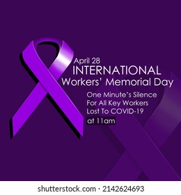 Purple ribbon with the words in memory of the workers isolated on purple background, Workers’ Memorial Day April 28