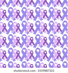 Purple ribbon for world cancer day in seamless pattern. Togetherness, support concept. Vector illustration, background, wallpaper, paper, banner, textile, fabric. Isolated on white.