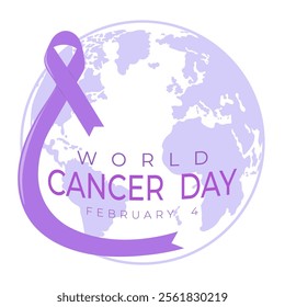 Purple ribbon with world map for world cancer day. Awareness, support, attention, medical care, help concept. Vector illustraton, isolated on white.