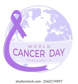 Purple ribbon with world map for world cancer day. Awareness, support, attention, medical care, healthcare, help concept. Vector illustraton, isolated on white.