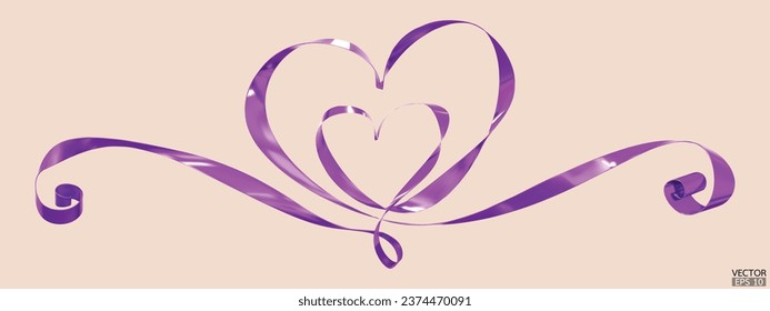 Purple ribbons 2 hearts isolated on beige background. Continuous ribbon line art drawing. Element for Valentine's day, mother's day wedding and print. 3D vector illustration.