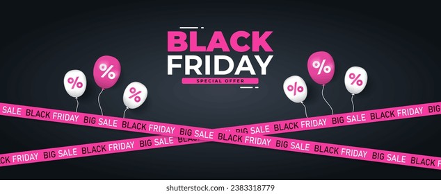 Purple ribbons for black friday sale on black background. Realistic balloon. Warning tapes, ribbons. marketing advertising, discounts area, decoration element for banners, poster. Vector illustration