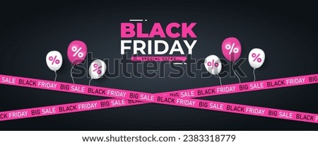 Purple ribbons for black friday sale on black background. Realistic balloon. Warning tapes, ribbons. marketing advertising, discounts area, decoration element for banners, poster. Vector illustration