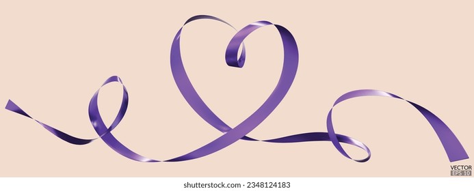 Purple ribbons heart isolated on beige background. Continuous ribbon line art drawing. Element for Valentine's day, mother's day wedding and print. 3D vector illustration.