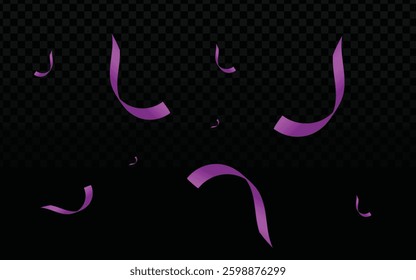 Purple Ribbons Vector: 3D Rendering, Dark Checkered Background, Scattered Ribbons, Festive Design, Transparent Element, Vibrant Purple, Ribbon Illustration, Elegant Decoration, Celebration Graphic.