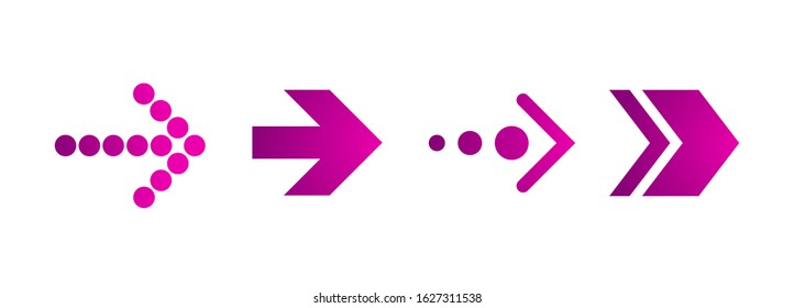 Purple Right Arrows Set. Flat Icon Isolated On White. Continue Icon.  Next, Enter, Swipe, Scroll Button. East Arrow. Geometric Style