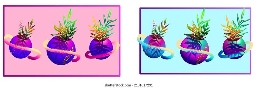 
planeta de anillo púrpura con planta sobre él, conjunto de planeta lindo, se puede usar para papeles pintados, fondos, ornamentos, decoraciones y tarjetas