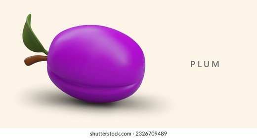 Purple ripe 3D plum with shadow. Fresh sweet oval fruit. Ingredient for jam, wine, baking. Natural healthy food. Poster on light background, place for text