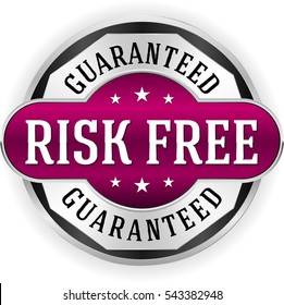 Purple risk free badge /button with silver border on white background