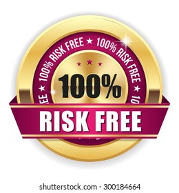 Purple risk free badge with gold border and ribbon on white background