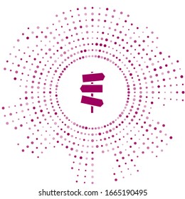 Purple Road traffic sign. Signpost icon isolated on white background. Pointer symbol. Street information sign. Direction sign. Abstract circle random dots. Vector Illustration