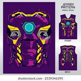 purple robot armor pattern design, illustration, textile background for sports t-shirt, football jersey shirt mockup for football club. consistent front view