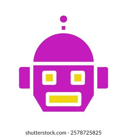 A purple robot head with yellow square accents on a white background