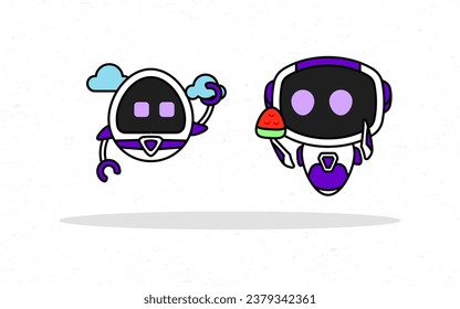 Purple robot swapping clouds and watermelon isolated. Suitable for storybook and mascot designs.